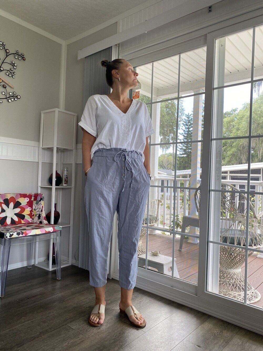 BLANK NYC Cotton summer trousers Drawstring Elastic Waist buttons at the front M